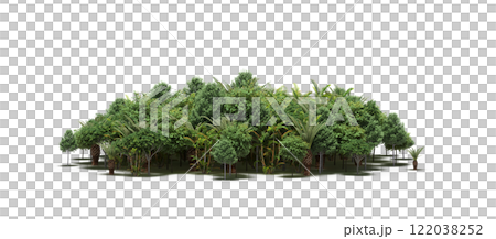 group of trees isolated on a transparent background, big trees in the forest, 3D illustration, cg render 122038252