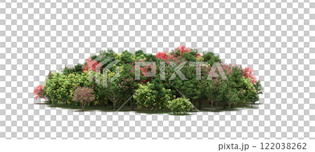 group of trees isolated on a transparent background, big trees in the forest, 3D illustration, cg render 122038262