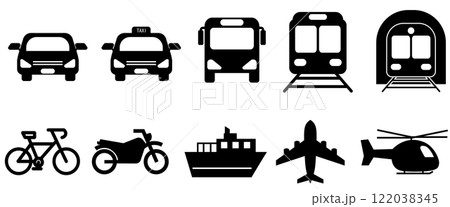 交通手段のアイコンセット、車、自転車、電車、飛行機、船などのシルエット集 122038345
