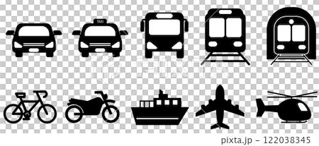 交通手段のアイコンセット、車、自転車、電車、飛行機、船などのシルエット集 122038345
