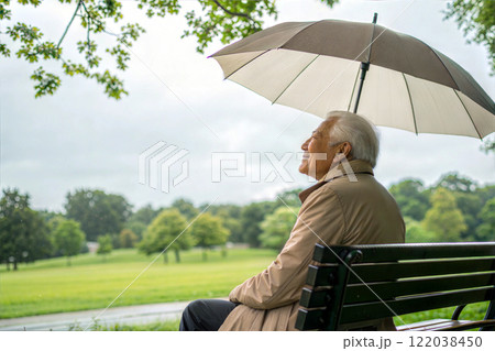 Grandpa sitting on a bench in a sunny park under umbrella 122038450