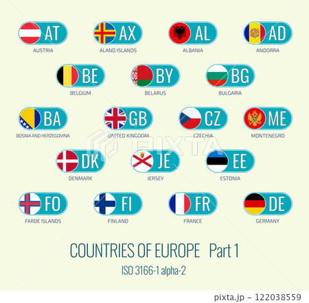 Set of vector illustrations of of ISO 3166 1 alpha 2 and flags of the European Union countries. Part 1. Set of vector illustrations of of ISO 3166 1 alpha 2 and flags of the European Union countries. Part 1. 122038559