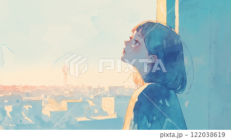 街と空を眺める女性の横顔 122038619