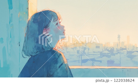 街と空を眺める女性の横顔 122038624