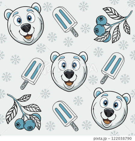 Seamless background featuring cute polar bears, popsicles and blueberries. Vector illustration. Polar bear with snowflakes on blue background. Print for children's textile. 122038790