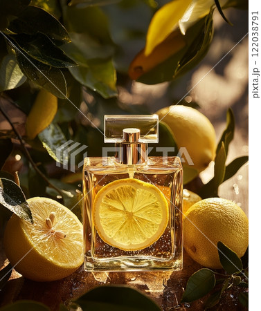 Luxury Citrus Perfume Bottle with Lemon Slice and Natural Elements 122038791