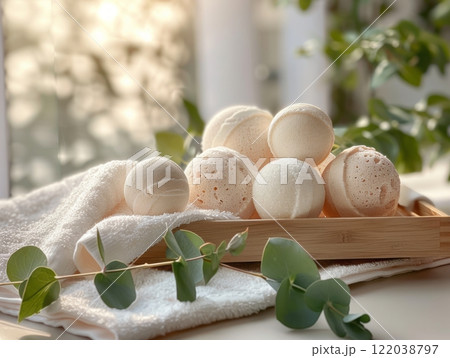 Natural Bath Bombs with Eucalyptus Leaves and Towels in Sunlight 122038797