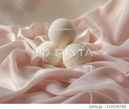 Soft Pink Bath Bombs Stacked on Delicate Silk Fabric 122038798