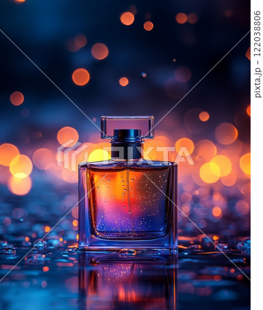 A bottle of perfume on a dark background with water droplets 122038806