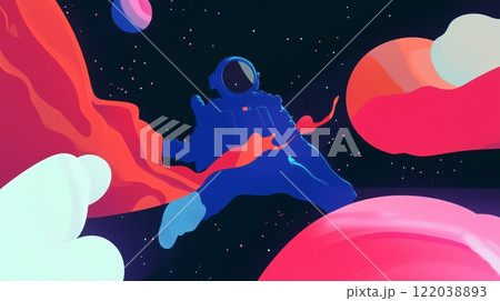 Astronaut floating in colorful space with abstract shapes and planets 122038893