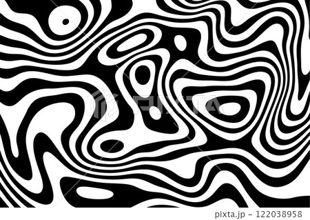 Black and white with wavy lines pattern. Abstract wave of white and black curved lines. Hallucination. Optical illusion. Twisted illustration. Futuristic background of lines. Dynamic wave. Vector. Eps 122038958