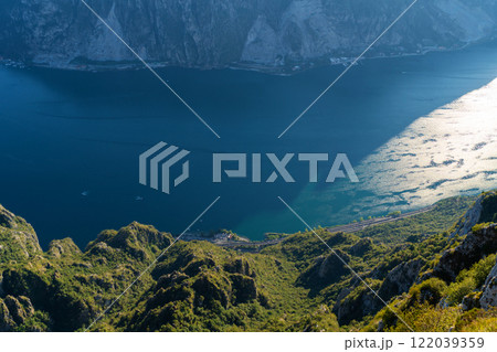 Panoramic view of lakes and surrounding mountains near town of Lecco Panoramic view of lakes and surrounding mountains near town of Lecco 122039359
