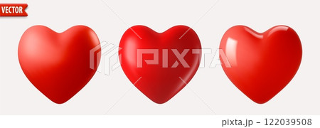 Realistic red heart. Set of three 3D hearts on white background Vector Valentines day love symbol 122039508