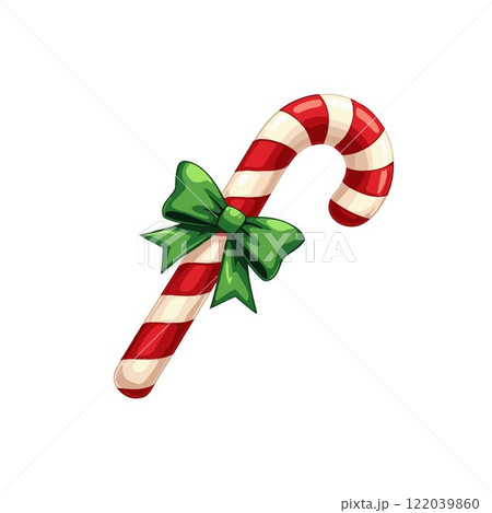 Christmas Candy Can. Candy cane with a green bow. Vector illustration on white background. Christmas Candy Can. Candy cane with a green bow. Vector illustration on white background. 122039860