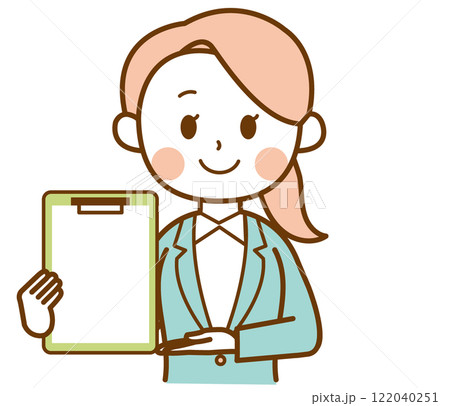 スーツを着た女性が書類を説明しているイラスト 122040251