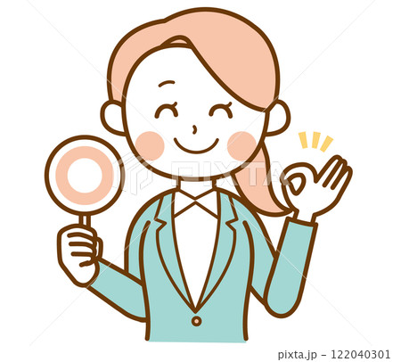 スーツを着た女性がマルマークを持っているイラスト 122040301
