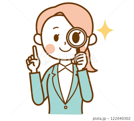 スーツを着た女性が虫眼鏡を持っているイラスト 122040302