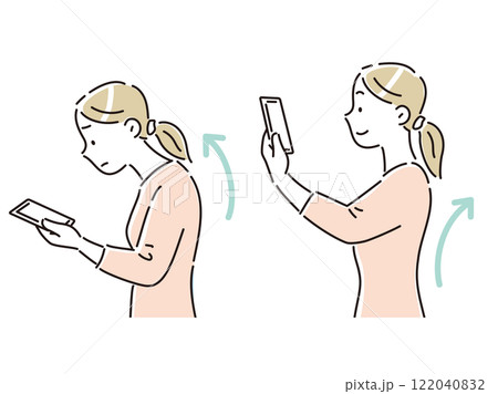 良い姿勢と悪い姿勢でスマホの画面を見る若い女性のイラストセット 122040832