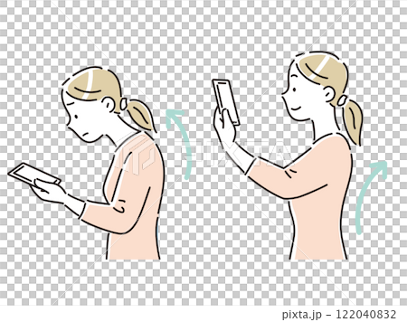 良い姿勢と悪い姿勢でスマホの画面を見る若い女性のイラストセット 122040832