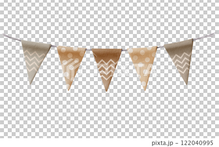 Triangular holiday flags polka-dotted,zigzagged with twisted gray rope as ready template of event decorations as garlands in pastel earthy fall colors.Watercolor set on a transparent background Triangular holiday flags polka-dotted,zigzagged with twisted gray rope as ready template of event decorations as garlands in pastel earthy fall colors.Watercolor set on a transparent background 122040995