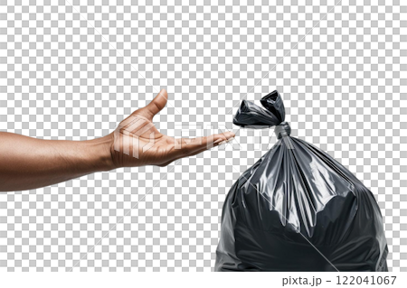 a man's hand holds out a rubbish bag on the white background a man's hand holds out a rubbish bag on the white background 122041067