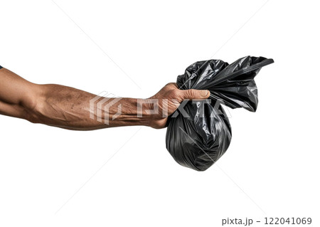 a man's hand holds out a rubbish bag on the white background a man's hand holds out a rubbish bag on the white background 122041069