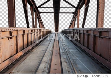 a rough metal bridge entrance going into the distance on the white background  122041229