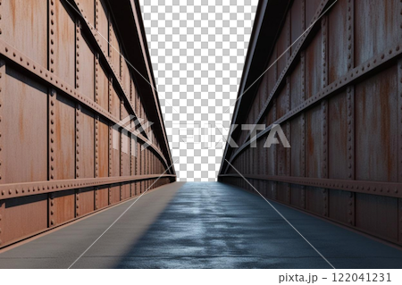 a rough metal bridge entrance going into the distance on the white background  122041231