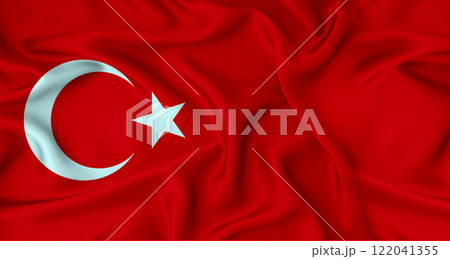 Realistic Turkey flag waving. Close up of flag of Turkey with cloth texture Realistic Turkey flag waving. Close up of flag of Turkey with cloth texture 122041355