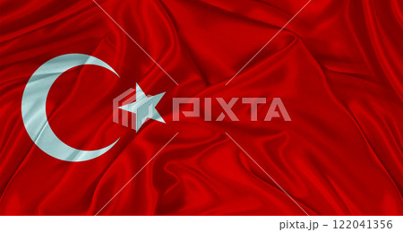 Close up of flag of Turkey with cloth texture. Realistic Turkey flag waving Close up of flag of Turkey with cloth texture. Realistic Turkey flag waving 122041356