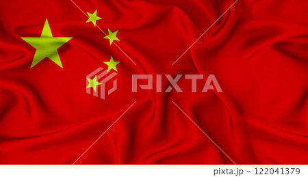 Close up of flag of China with cloth texture. Realistic China flag waving 122041379