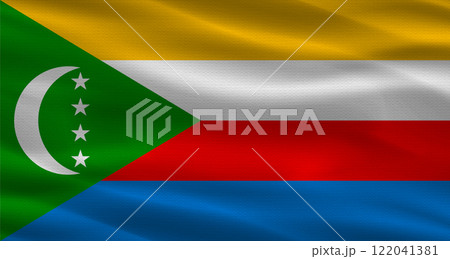 Flag of Comoros Waving with Texture and Vibrant Colors. Beautiful flag of Comoros with texture waving in the wind Flag of Comoros Waving with Texture and Vibrant Colors. Beautiful flag of Comoros with texture waving in the wind 122041381