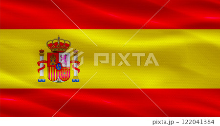 Spanish flag with a fabric texture waving. Close up of flag of Spain with cloth texture 122041384