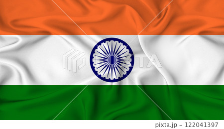 Realistic flag of India waving in the wind. Close up of flag of India with fabric texture 122041397