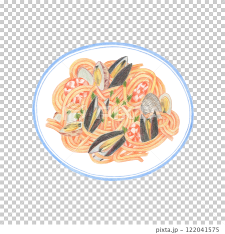 用色鉛筆繪製的海鮮麵食 pescatore 的插圖 122041575