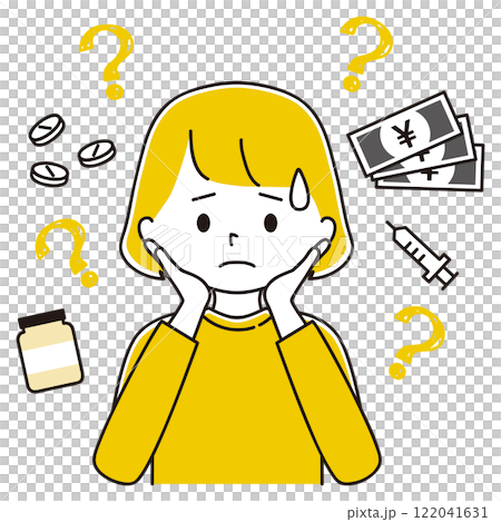 薬と注射とお金　女性の悩みと疑問　頬に手をそえる女性 122041631