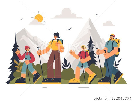 Mountain Hiking Vector Illustration featuring People with Backpacks and Walking Poles Trekking on a Trail in a Peaceful Mountain Landscape 122041774