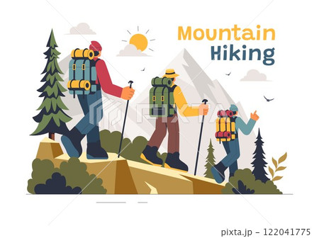 Mountain Hiking Vector Illustration featuring People with Backpacks and Walking Poles Trekking on a Trail in a Peaceful Mountain Landscape Mountain Hiking Vector Illustration featuring People with Backpacks and Walking Poles Trekking on a Trail in a Peaceful Mountain Landscape 122041775