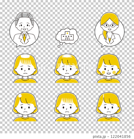 Set of various types of thinning hair Doctor and hospital speech bubble Female FAGA Set of various types of thinning hair Doctor and hospital speech bubble Female FAGA 122041856