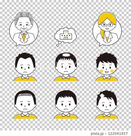 Set of various types of thinning hair Doctor and hospital speech bubbles Men AGA Set of various types of thinning hair Doctor and hospital speech bubbles Men AGA 122041857