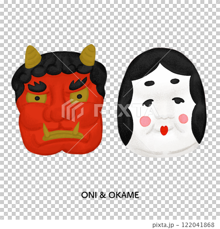 節分　鬼とおかめのお面　色鉛筆タッチのイラスト 122041868