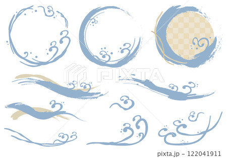 波モチーフのフレーム、あしらいセット ベクターイラスト 青 金色 海 飛沫 122041911