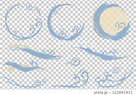 波モチーフのフレーム、あしらいセット ベクターイラスト 青 金色 海 飛沫 122041911