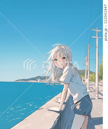 海辺を散歩するかわいい女の子イラスト「AI生成画像」 122041947
