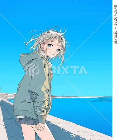 海辺を散歩するかわいい女の子イラスト「AI生成画像」 122041949