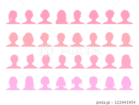 女性の顔アップシルエット32種類 セット（正面・ピンク・上半身・髪型バリエーション）プロフィール素材 122041954