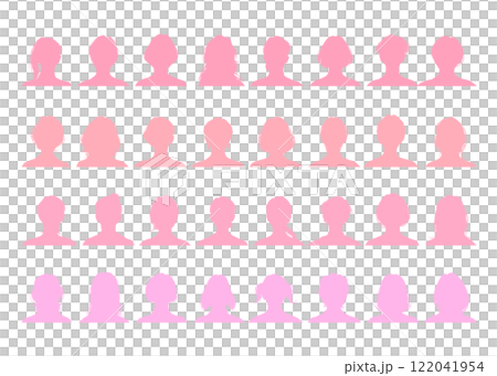 女性の顔アップシルエット32種類 セット（正面・ピンク・上半身・髪型バリエーション）プロフィール素材 122041954