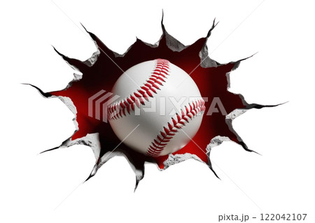 baseball bursting through a hole on the white background baseball bursting through a hole on the white background 122042107