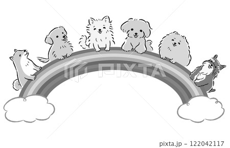 笑う犬たちと虹のイメージイラスト（ペットショップ、犬の幼稚園、ドッグスクールなど） 122042117