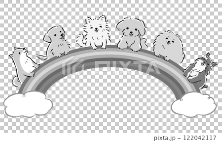 笑う犬たちと虹のイメージイラスト（ペットショップ、犬の幼稚園、ドッグスクールなど） 122042117